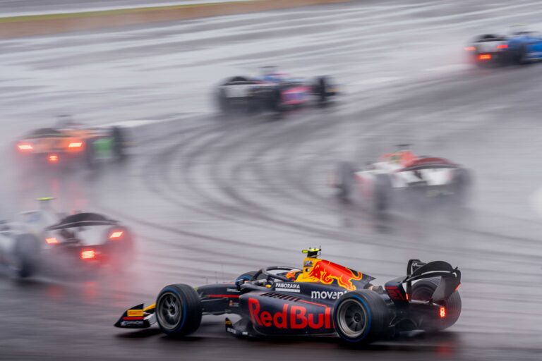 Pepe Marti In The Wet During The F2 Sprint Race at Silverstone July 2024.